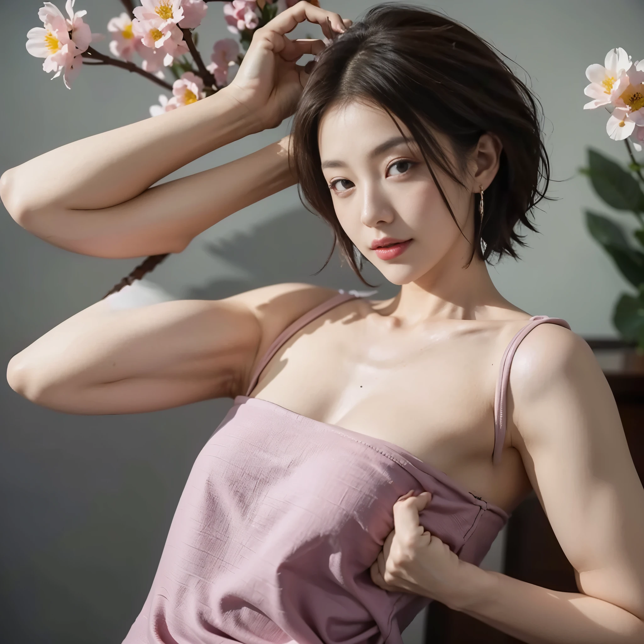 beautiful woman, Extremely sexy body, detailed medium breasts, looking directly at camera, Has a sexy appearance,short hair,flower