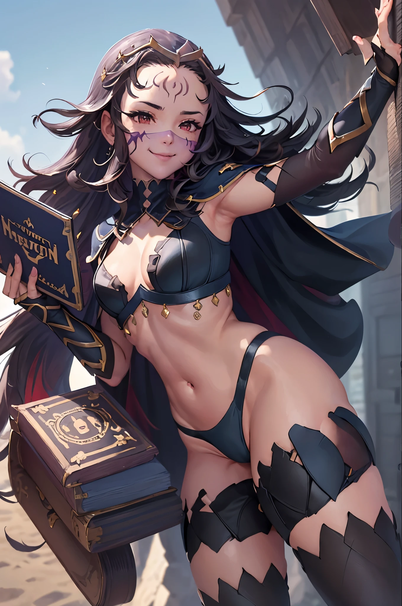 cowboy shot, upper body, smile,closed mouth,holding book,open book,nyx, (bodystocking:1.2), mouth veil, cape, forehead mark, small breasts, facial mark, panties, covered navel, tiara, see-through, underwear, bridal gauntlets, thighhighs,cleavage,outdoors,(masterpiece, best quality, ultra-detailed, best shadow)