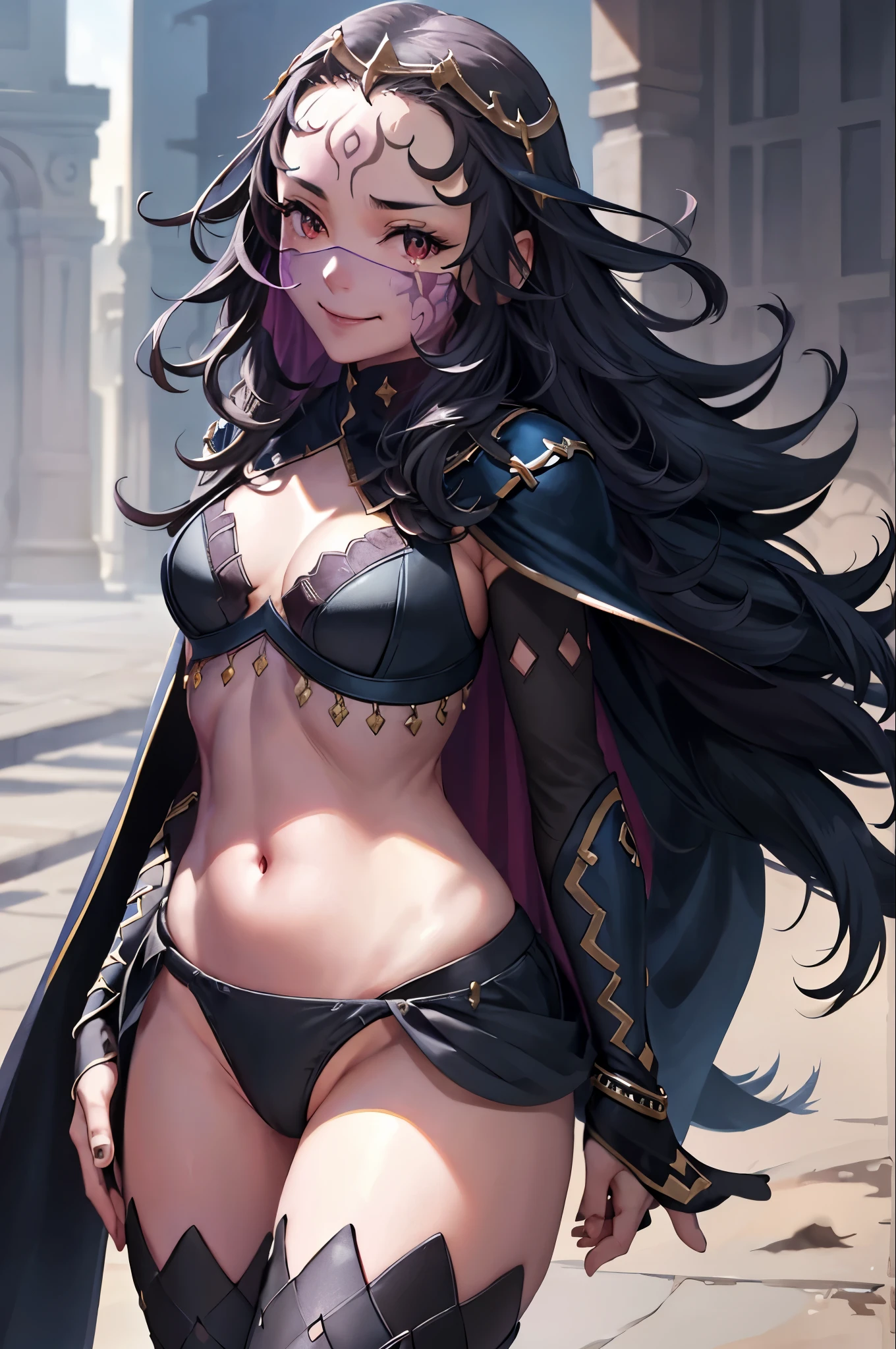 cowboy shot, upper body, smile,closed mouth,holding book,open book,nyx, (bodystocking:1.2), mouth veil, cape, forehead mark, small breasts, facial mark, panties, covered navel, tiara, see-through, underwear, bridal gauntlets, thighhighs,cleavage,outdoors,(masterpiece, best quality, ultra-detailed, best shadow)