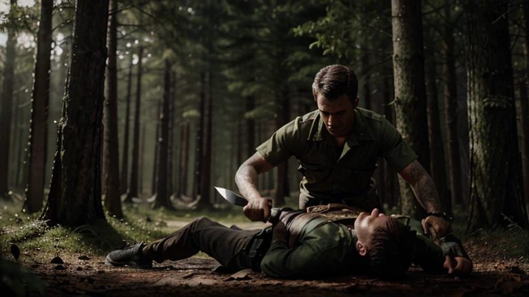 a man with knife in a dark forest trying to kill a soldier. make the scene realistic.