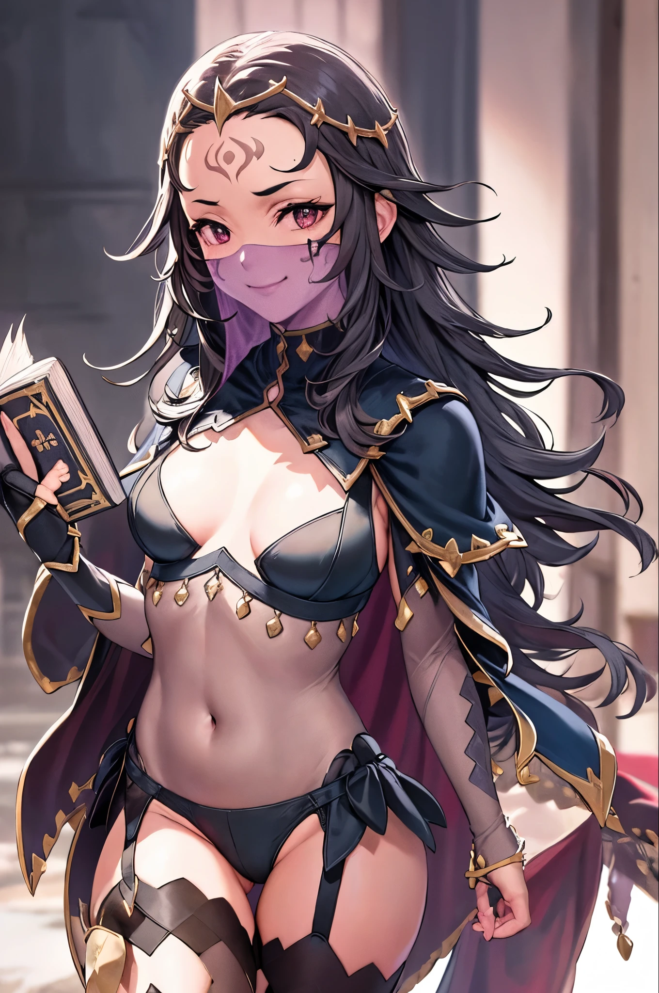 cowboy shot, upper body, smile,closed mouth,holding book,open book,nyx, (bodystocking:1.2), mouth veil, cape, forehead mark, small , facial mark, panties, covered navel, tiara, see-through, , bridal gauntlets, thighhighs,cleavage,outdoors,(masterpiece, best quality, ultra-detailed, best shadow)