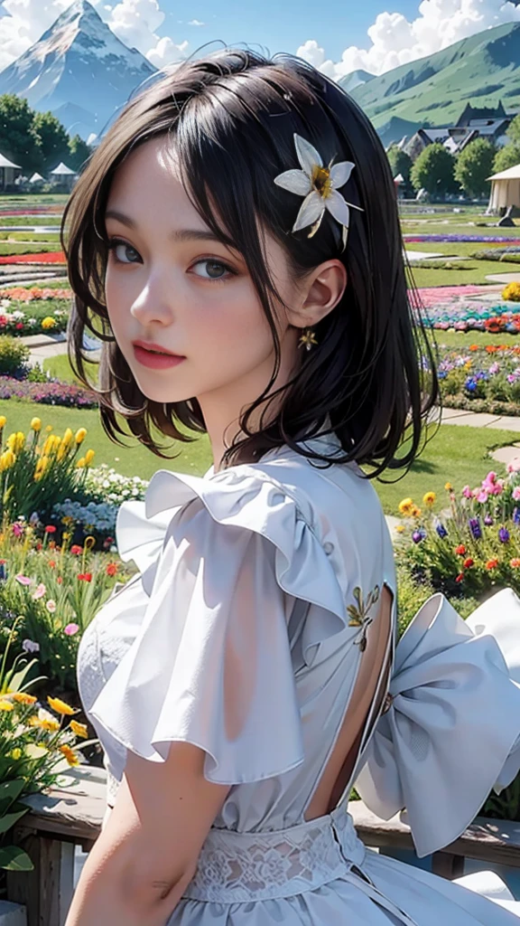 1 girl, 10 talents, black hair, dynamic angle, Photorealistic backgrounds, cloud and mountain, (flower garden:1.4) In the foreground, white dress, light trace, (floating colorful wind:1) (realistic:1.4), unity 8k wallpaper, Super detailed, beautiful and aesthetic, masterpiece,highest quality, glowing skin, shining hair, cinematic lighting, light smile, detailed beautiful face, cute face, Beautiful style from the chest up
