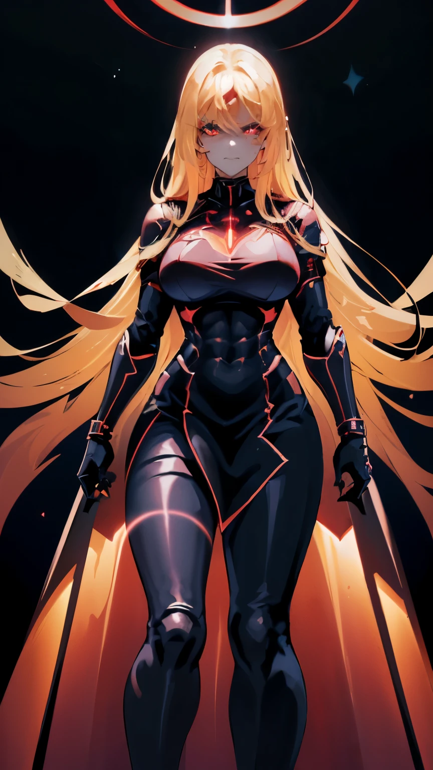 (Armed curvaceous and strong muscular warlord woman), (evil look), ((voluminous wavy blonde hair)), glowing red eyes, ((On her chest is a high-tech glowing dark red star)), sophisticated details, (Sleek, high-tech and futuristic wearing black:70 and dark red:90 Sophisticated armor with tactical skirt), highly weaponized, ((Sideways intimidating pose)), ((standing sideways on a spaceship)), (holographic numbers、symbol、surrounded by stars。), 最high quality, Sharp and clear line drawings, high quality, 8K professional images