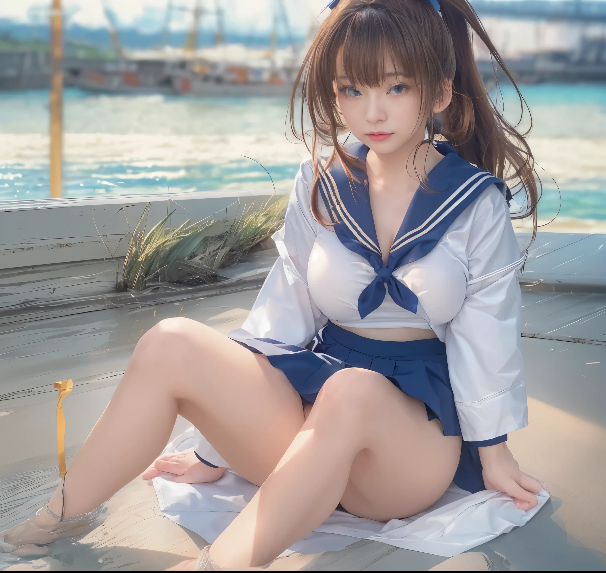 highest quality, realistic、8k wallpaper, (beautiful目), ((beautiful)), (Lovely) ,(((1 girl))),23 years old,((long ponytail with brown hair))、(big and full breasts)、soft light、(embarrassing)、((sailor suit、navy blue mini skirt))、(panty shot、black panties)、(seaside)、sit on the ground、hold your knees with both hands