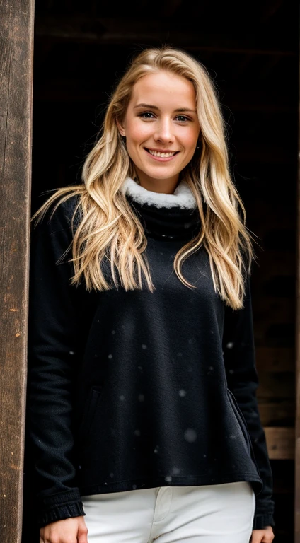 A 23 year old blonde woman, ((big )), ((Hyperrealismus)) ,. Blondes Haar mit hellbraunem Ansatz. blondes Haar, Haare mit braunen Wurzeln, extra langes Haar, sehr langes Haar, wirklich lange Haare, Nice, seitlicheansicht, ((whole body can be seen)), Outside, ((in den bergen)),(( es ist kalt)), ((viel schnee)), Happy, begeistert, happy, smiles, (with a very good quality), ((ski kleidung)), (Sehr detaillierte Haut:1.1), award-winning, Meisterwerk, 50-mm-Objektiv, ((hole body)), ROH, Analoger Stil, scharfer Fokus, 8K UHD, DSLR, Good quality, atmospheric perspective, 8k, super detail, ccurate, best quality, anatomically correct, high details, high quality, Two braids with hair ties,