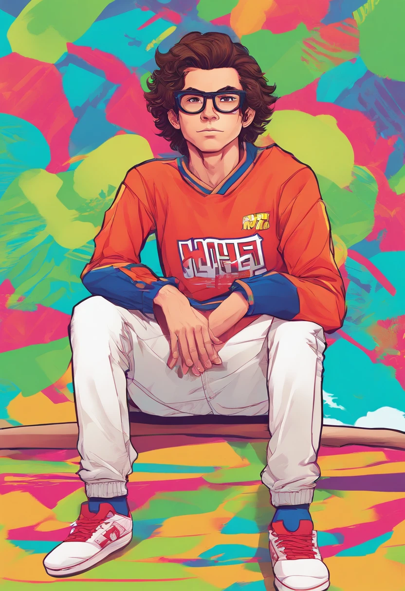 Masterpiece, boy, skinny, Best Quality, fuzzy hair, wearing slim rim optical glass, looking a viewer, sports clothing, jeans, soccer full sleeve jersey, sitting, bare footed, Simple background with logo, From Bottom, mid shot,