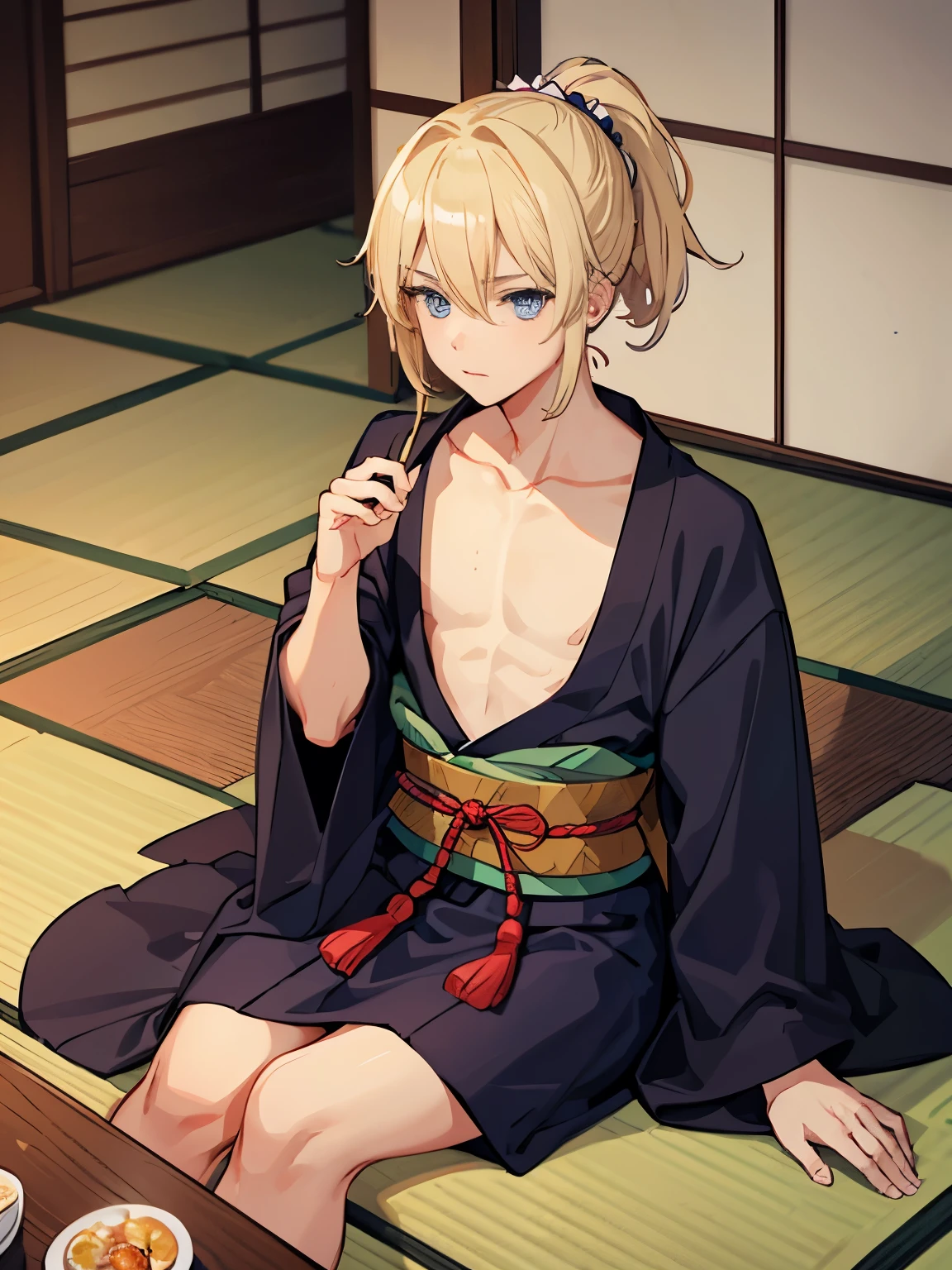 1boy,Masculinity,blond hair,ponytail,blue eyes,no bra,A Japanese-style room,late at night,alone,kimono,Sitting