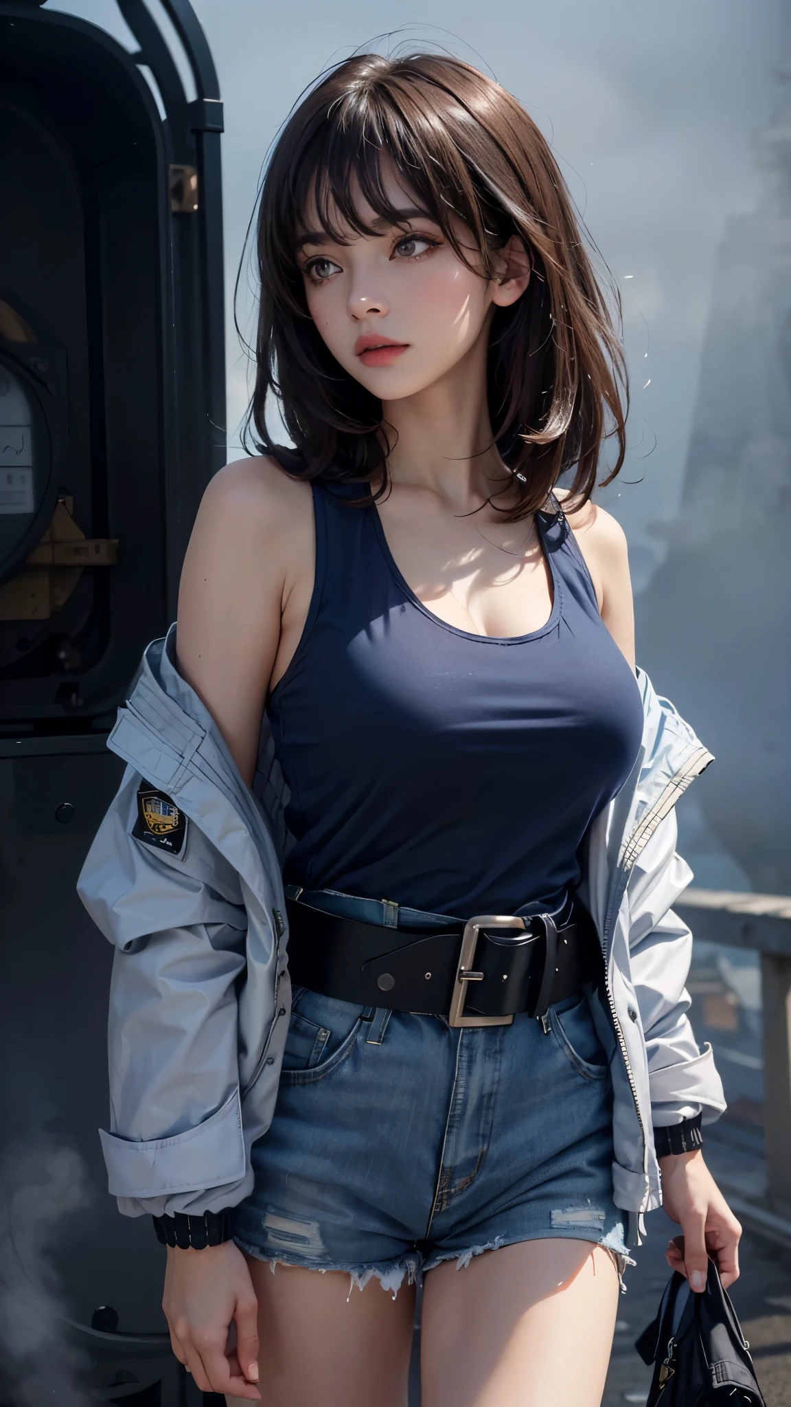 (UHD, retina, masterpiece, accurate, anatomically_correct, textured_skin, super_detail, high_details, high_quality, best_quality, high_res, 1080P, HD, 4K, 8k, 16k), (beautiful_detailed_eyes, beautiful_detailed_lips, extremely_detailed_eyes_and_face), soft_lighting, physically-based_rendering, vivid_colors, (large_breasts:1.5), (shiny_hair, shiny_skin, tanned_skin, blush), (bangs:1.5), eye_reflection, (science_fiction, station, railway, bokeh), semi-profile_view, (deep_fog, blue_color, tactical_jacket, tank_top, belt:1.5),