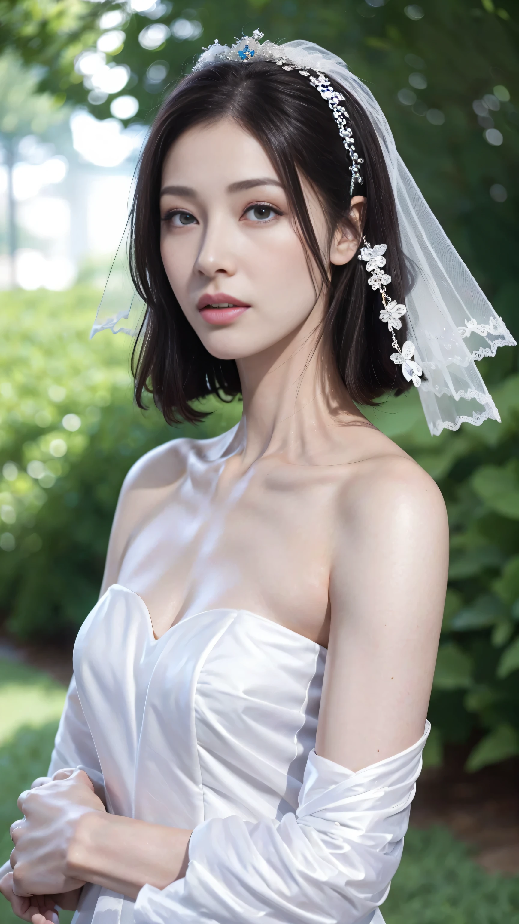 1 girl, Front view, Japanese, Facial and body details are very rich, cute big breasts, beautiful goddess, 8K, surreal, masterpiece, glowing skin, Smile, good mood, Silk white queen dress, view:1.3, through a very thin veil, blooming flowers: 1.5