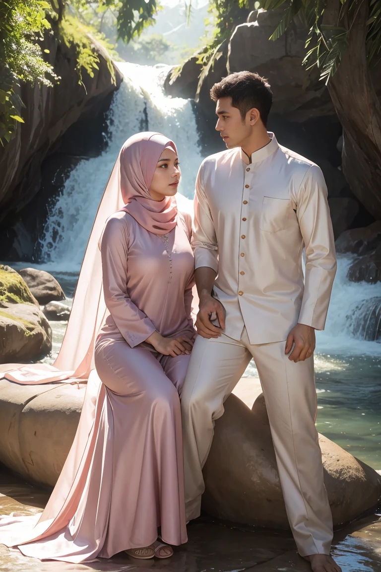 (masutepiece), (Best Quality), Realistic, Photorealism, romantic couple, white muslim cloth. malay men 30 years old with peci wear elegant muslim cloth,  young malay girl in hijab wearing beautiful muslimah cloth  20 - 23 years old. malay men with beautiful girl with beautiful perfect body, huge breast, together very romantic sitting in stone very next to romantic. location: beautiful tropical waterfall, professional photography, bright lighting, 28mm lens, Establishing shot, deep focus cinematography effect, Natural Lighting, pastel color grading, high quality, ultra detail, 8k resolution,