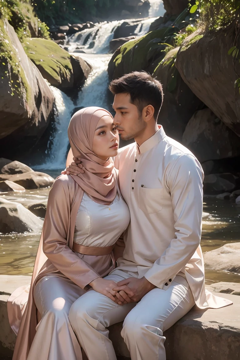 (masutepiece), (Best Quality), Realistic, Photorealism, romantic couple, white muslim cloth. malay men 30 years old with peci wear elegant muslim cloth,  young malay girl in hijab wearing beautiful muslimah cloth  20 - 23 years old. malay men with beautiful girl with beautiful perfect body, huge breast, together very romantic sitting in stone very next to romantic. location: beautiful tropical waterfall, professional photography, bright lighting, 28mm lens, Establishing shot, deep focus cinematography effect, Natural Lighting, pastel color grading, high quality, ultra detail, 8k resolution,