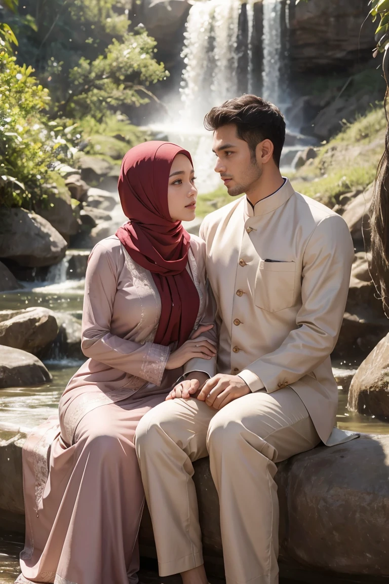 (masutepiece), (Best Quality), Realistic, Photorealism, romantic couple, white muslim cloth. malay men 30 years old with peci wear elegant muslim cloth,  young malay girl in hijab wearing beautiful muslimah cloth  20 - 23 years old. malay men with beautiful girl with beautiful perfect body, huge breast, together very romantic sitting in stone very next to romantic. location: beautiful tropical waterfall, professional photography, bright lighting, 28mm lens, Establishing shot, deep focus cinematography effect, Natural Lighting, pastel color grading, high quality, ultra detail, 8k resolution,