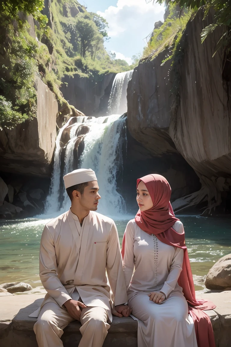 (masutepiece), (Best Quality), Realistic, Photorealism, romantic couple, white muslim cloth. malay men 30 years old with peci wear elegant muslim cloth,  young malay girl in hijab wearing beautiful muslimah cloth  20 - 23 years old. malay men with beautiful girl with beautiful perfect body, huge breast, together very romantic sitting in stone very next to romantic. location: beautiful tropical waterfall, professional photography, bright lighting, 28mm lens, Establishing shot, deep focus cinematography effect, Natural Lighting, pastel color grading, high quality, ultra detail, 8k resolution,