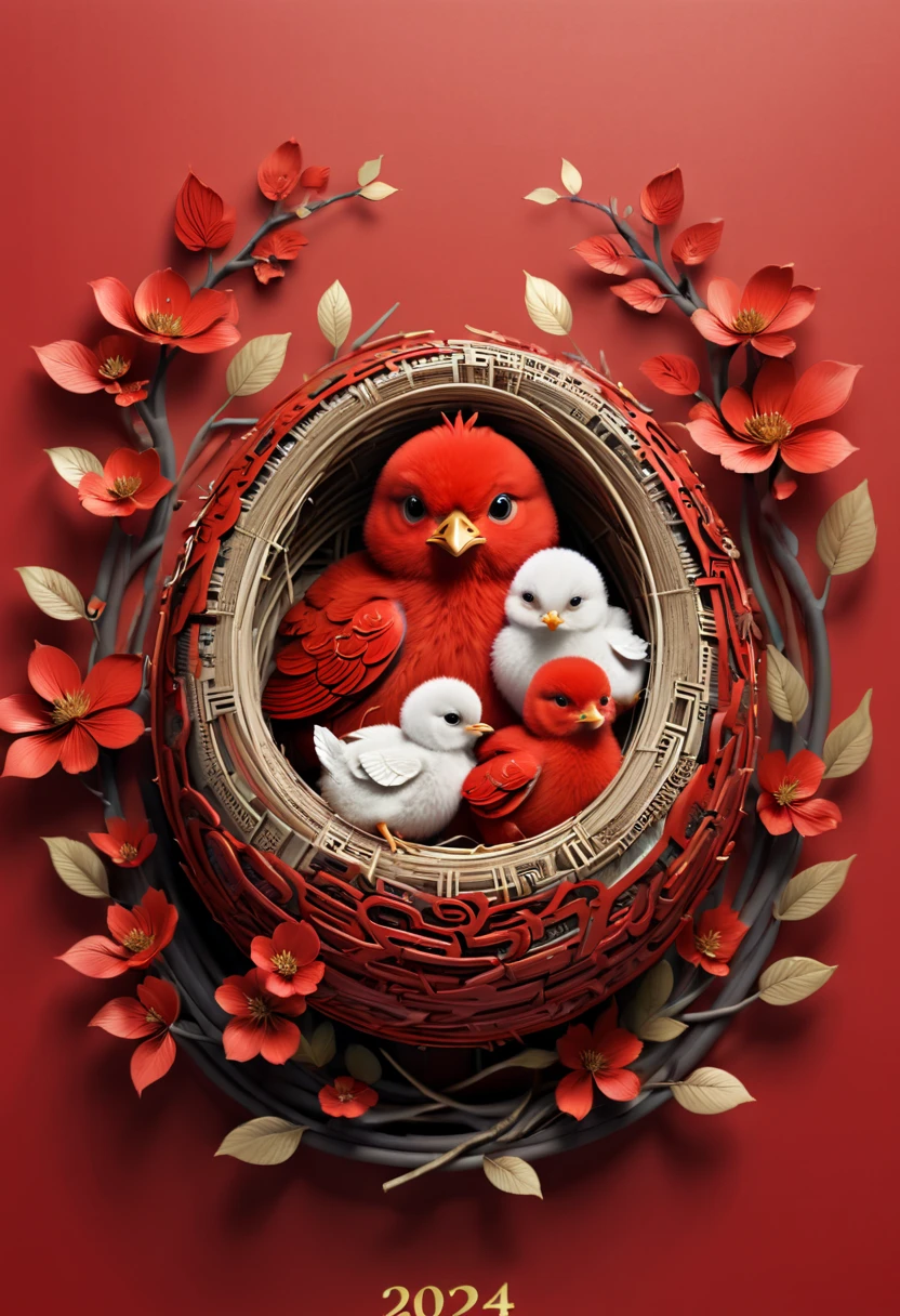 text "China", Chinese style Nest, chicks, year 2024, zentagle, cinematic, red theme