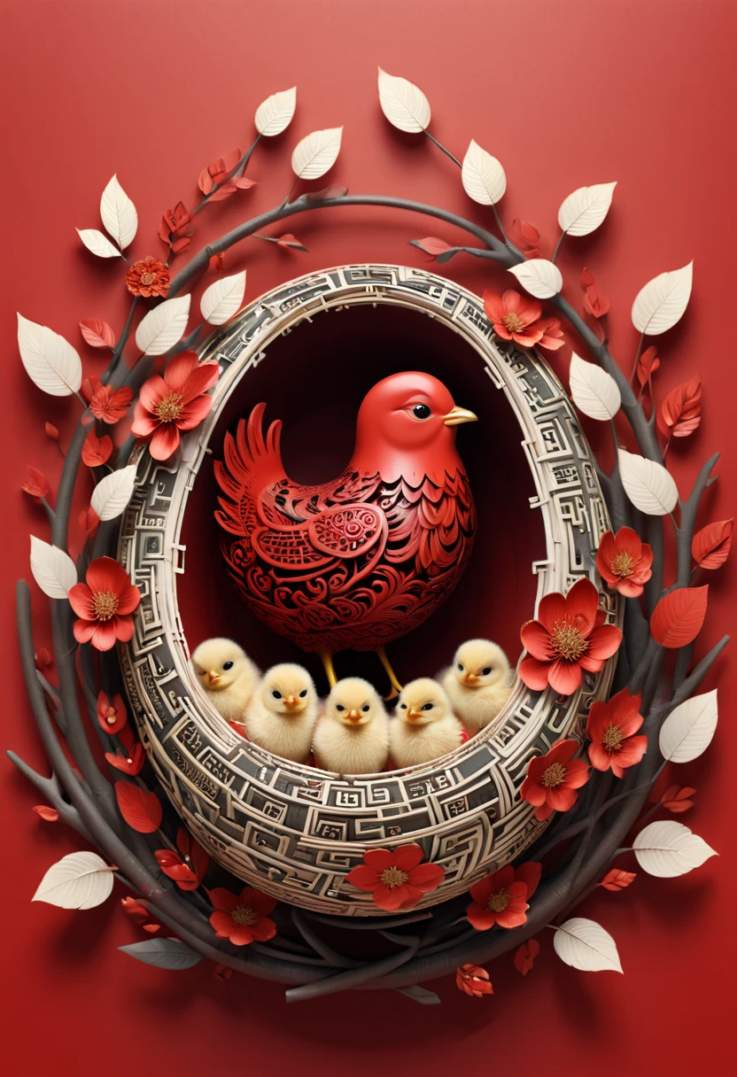 text "China", Chinese style Nest, chicks, year 2024, zentagle, cinematic, red theme