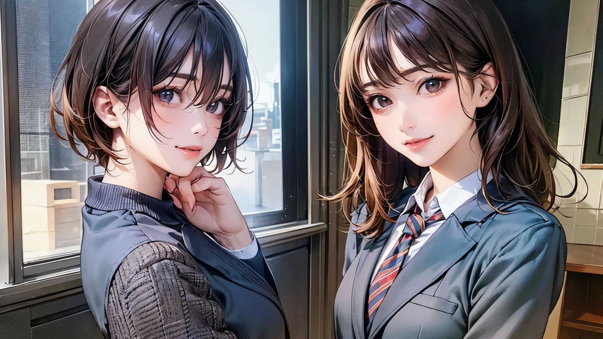 (masterpiece:1.2, top-quality), (realistic, photorealistic:1.4), beautiful illustration, (natural side lighting, movie lighting),
looking at viewer, upper body, front view, 2 girl, japanese, 16 years old, perfect face, cute and symmetrical face, shiny skin, babyface,
({short hair | middle hair}, straight hair:1.2, brown hair), hair between eyes, gold eyes, (middle breasts, seductive thighs, big ass),
beautiful hair, beautiful face, beautiful detailed eyes, beautiful clavicle, beautiful body, beautiful chest, beautiful thigh, beautiful legs, beautiful fingers,
(((navy blazer), close blazer), long sleeve white collared shirts, navy pleated skirt), red tie,
(beautiful scenery), evening, classroom, blackboard, standing, (lovely smile, upper eyes),