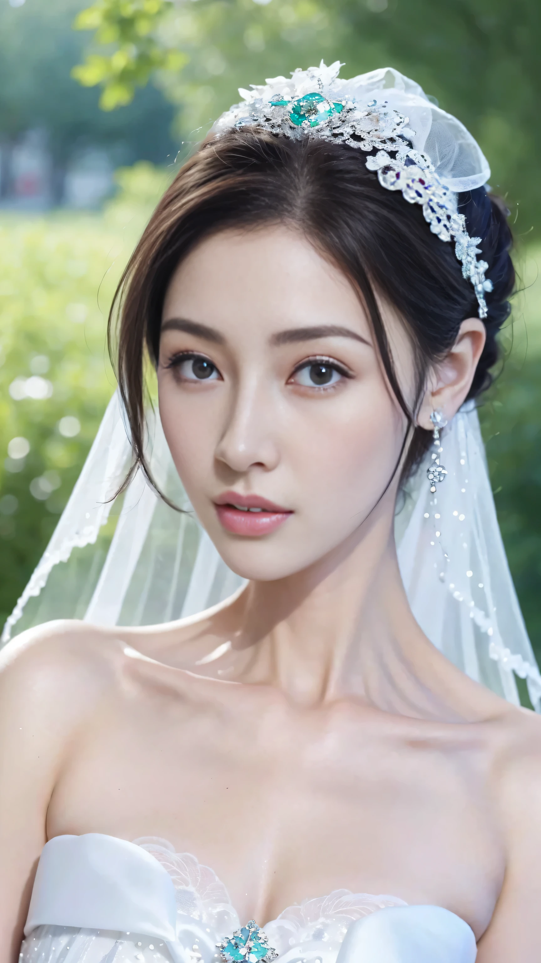 （1 18-year-old female fashion model）， [[[[close up]]]], [[[[]]]], [[[[neck]]]], [[[[Shoulder]]]], perfect eyes, perfect iris，perfect lips，perfect teeth，perfect skin，White skin，Soft headlight，high-density imaging review，girl，((white wedding dress))，((bridal hairstyle))，(Various dynamic poses)，The background is green trees and gossip，high quality， masterpiece， ultra high resolution，（lifelike： 1.4）， original photo，（超级lifelike细节））， best quality，（pastel colors：1.2）