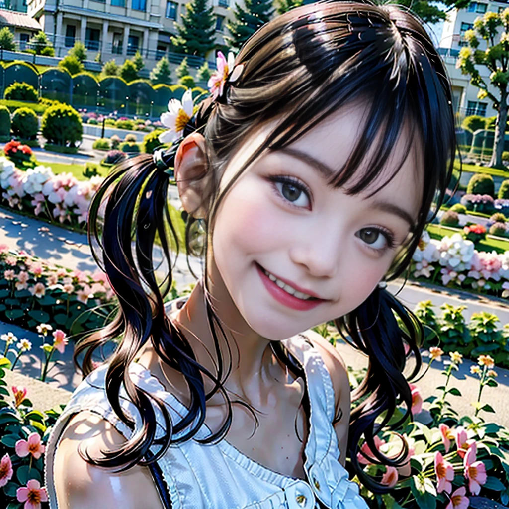 1 girl, 10 talents, black hair, dynamic angle, Photorealistic backgrounds, cloud and mountain, (flower garden:1.4) In the foreground, white dress, light trace, (floating colorful wind:1) (realistic:1.4), unity 8k wallpaper, Super detailed, beautiful and aesthetic, masterpiece,highest quality, glowing skin, shining hair, cinematic lighting, light smile, detailed beautiful face, cute face, Beautiful style from the chest up