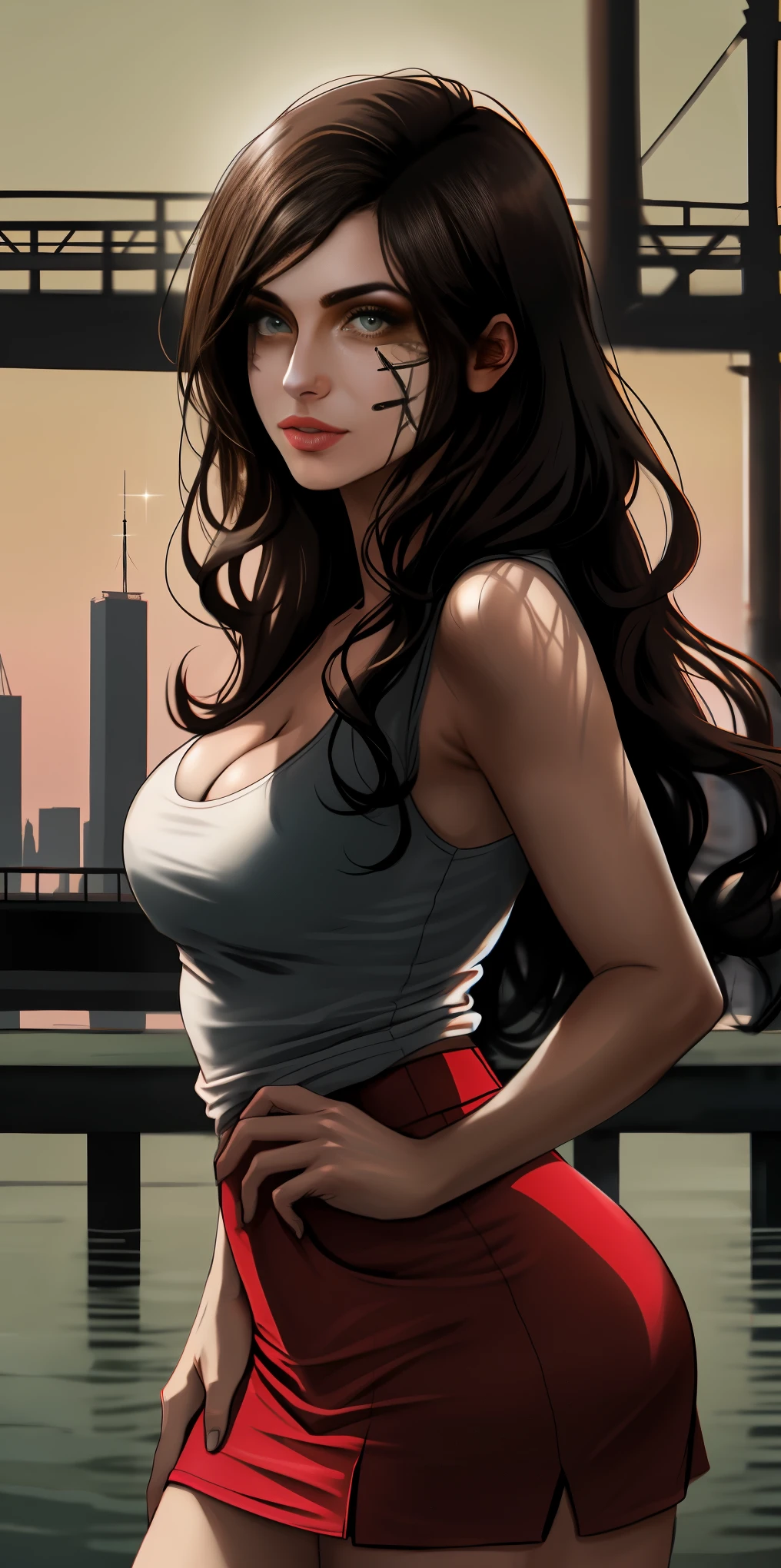 A woman with extra long wavy hair, detailed brown eyes, long sexy legs, wearing a red miniskirt, t-shirt, ((detailed facial features)), (finely detailed skin), ((25 years old, Half Egyptian, half German)), extreme skin details, (pores:0.1), in the background the Europoort of Rotterdam, saggy breasts:0.7, small breasts:0.5, natural breasts, cleavage, emo_hairstyle:1.5, best quality masterpiece, photorealistic, hyperrealistic, realistic hands, detailed, 8k, HDR, (Soft color: 1.2), shallow depth of field, broad light, high contrast, backlighting, bloom, light sparkles, chromatic aberration, sharp focus, RAW color photo