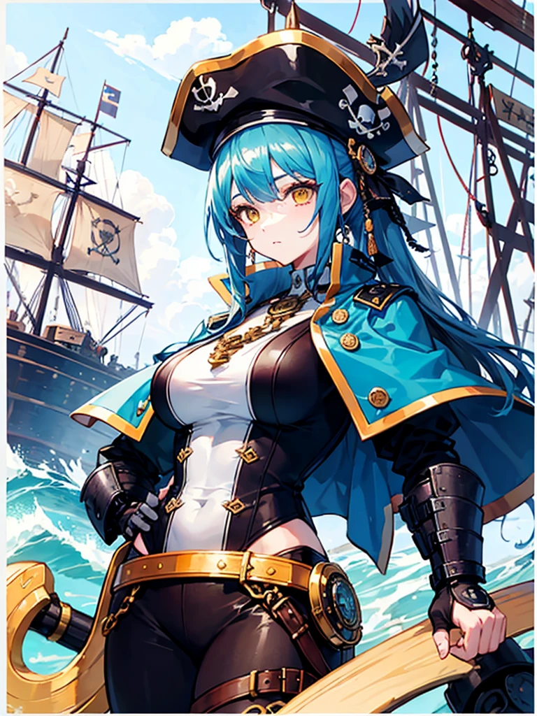 (((masterpiece、Highest image quality、highest quality、highly detailed unity 8kwallpaper)))、((Illustration of one girl、upper body))、(((beautiful girl)))、(fantasy、female pirate)、(Light light blue hair、short ponytail:1.2、yellow eyes)、(((Right hand is a prosthetic hand、steampunk prosthetic arm)))、((tall))、bulky figure, massive frame, thick neck, sturdy arms, powerful legs、(captain's suit、Pirate hat、Blue coat)、pier、pirate ship anchored、Wooden sailing ship