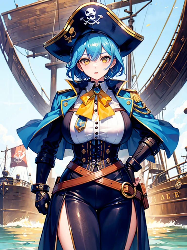 (((masterpiece、Highest image quality、highest quality、highly detailed unity 8kwallpaper)))、((Illustration of one girl、upper body))、(((beautiful girl)))、(fantasy、female pirate)、(Light light blue hair、short ponytail:1.2、yellow eyes)、(((Right hand is a prosthetic hand、steampunk prosthetic arm)))、((tall))、bulky figure, massive frame, thick neck, sturdy arms, powerful legs、(captain's suit、Pirate hat、Blue coat)、pier、pirate ship anchored、Wooden sailing ship