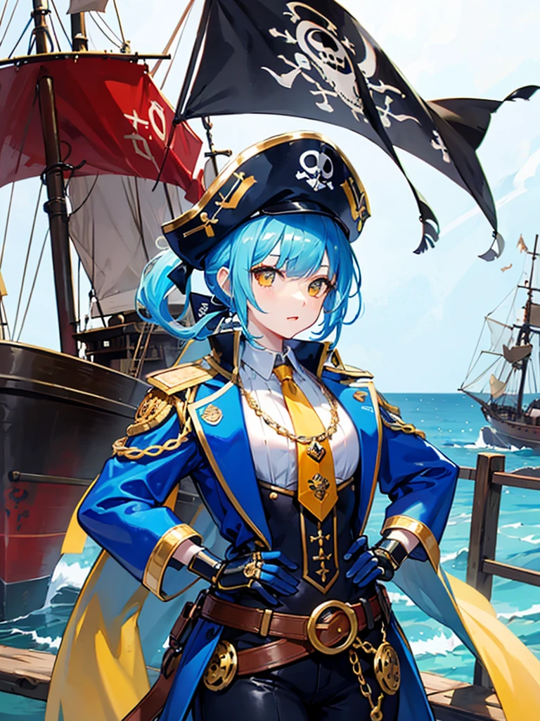(((masterpiece、Highest image quality、highest quality、highly detailed unity 8kwallpaper)))、((Illustration of one girl、upper body))、(((beautiful girl)))、(fantasy、female pirate)、(Light light blue hair、short ponytail:1.2、yellow eyes)、(((Right hand is a prosthetic hand、steampunk prosthetic arm)))、((tall))、bulky figure, massive frame, thick neck, sturdy arms, powerful legs、(captain's suit、Pirate hat、Blue coat)、pier、pirate ship anchored、Wooden sailing ship