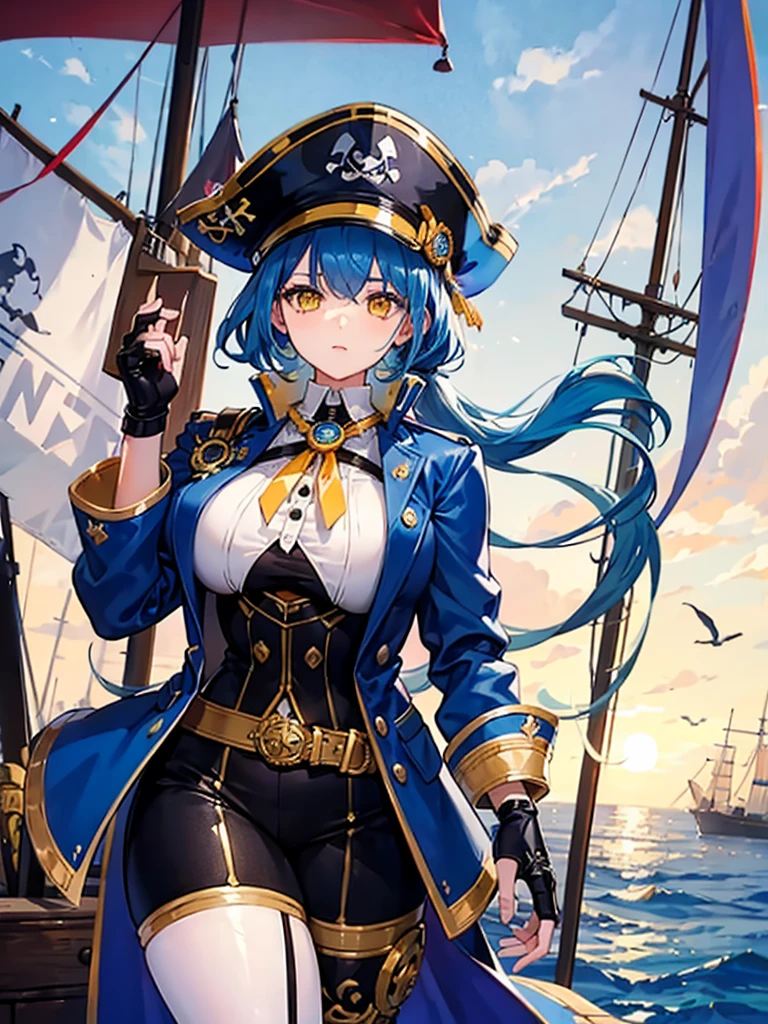 （（（masterpiece、Highest image quality、highest quality、highly detailed unity 8ｋwallpaper）））、（（Illustration of one girl、upper body））、（（（beautiful girl）））、（fantasy、female pirate）、（Light light blue hair、short ponytail：1.2、yellow eyes）、（（（Right hand is a prosthetic hand、steampunk prosthetic arm）））、（（tall））、bulky figure, massive frame, thick neck, sturdy arms, powerful legs、（captain&#39;s suit、Pirate hat、Blue coat）、pier、pirate ship anchored、Wooden sailing ship
