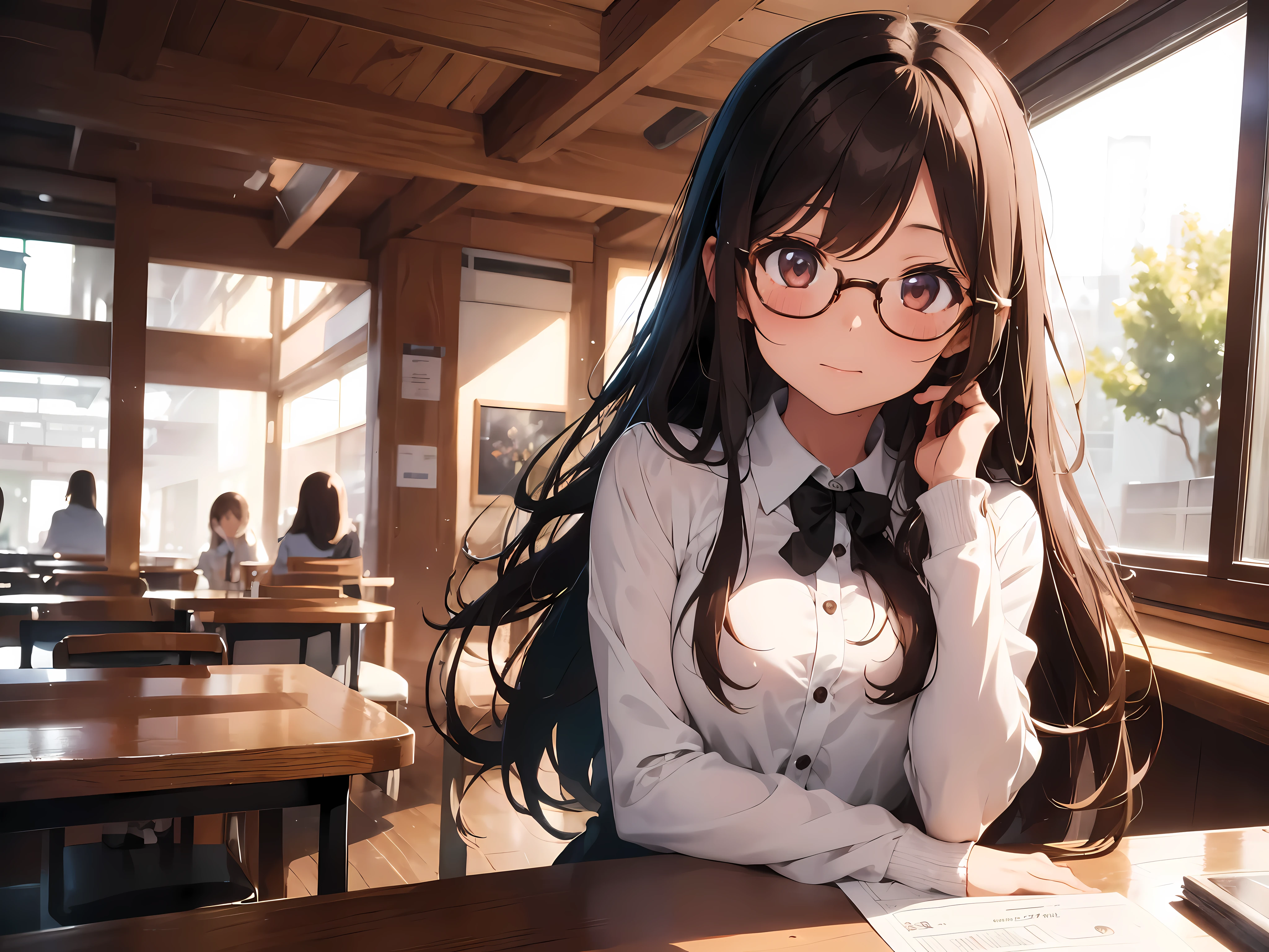 1girl, long brown hair, brown eyes, glasses, wearing white blouse, wearing black suit, blushing, absurdres, high res, ultrasharp, 8K, masterpiece, looking at viewer, comfy, anime cafe setting, sitting down, showing upper body,