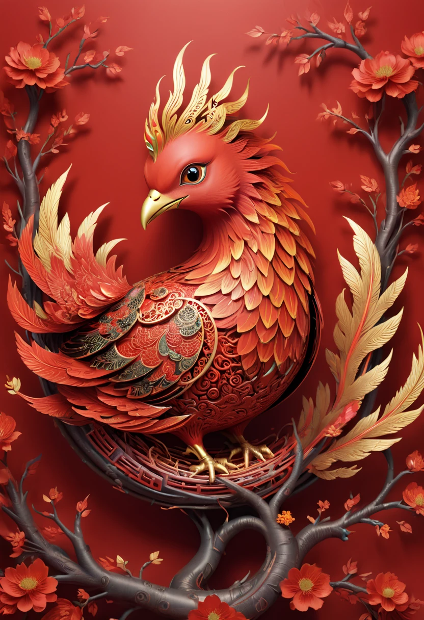 the word "China", Chinese style Nest, phoenix, year 2024, zentagle, cinematic, red theme, (best quality, masterpiece, Representative work, official art, Professional, 8k)