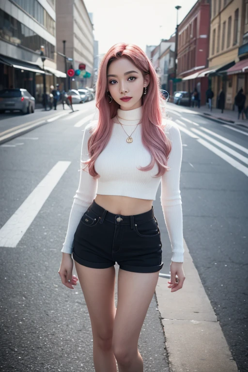 Beautiful girl college student，masterpiece，Light makeup，red lips，pink hair，messy long hair，street background，beautiful，grace。Super fine detail，work，Authentic texture，Realistic movie lighting,nsfw，8k，HD，Exquisite facial features，red skinny turtleneck top，black skinny shorts，slim figure，big bright eyes，，earring，necklace，Tattoos are