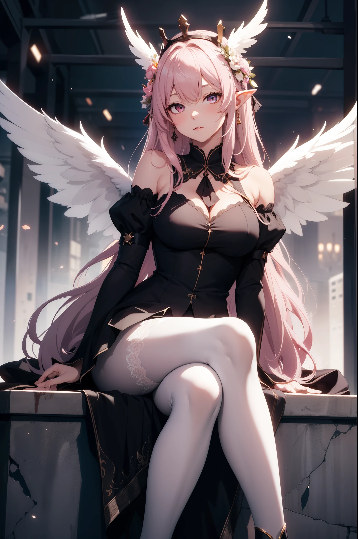 giant girl 50,000 feet high，Weight 1000kg，Has a pair of long legs，Open your eyes wide，Has three pairs of huge white angel wings，With huge devil horns on his head，crown on head，Elf wearing white earrings，She has long pink hair that reaches her feet，loose hair，Pink wavy long curly hair，Wearing a pair of black boots，White sleeves，Wearing white lace pantyhose，Pantyhose with bow and star decorations，白色蕾丝whole body，sitting on a tall building，Beautiful appearance，Exquisite makeup，quality，8k，高quality，Perfect proportion, Cinema lighting，film grain，Fuji colors，8k，textured skin，Super details，high detail，high resolution，charming，blood stains，脚底有blood stains，whole body，Obese，elf princess，feather，flowers