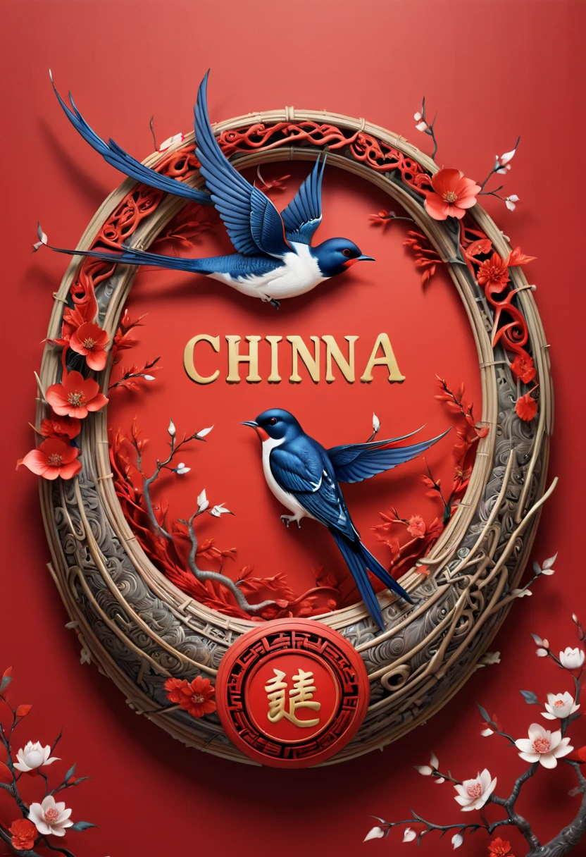 sign that says "China", Chinese style Nest, swallow \(bird\), year 2024, zentagle, cinematic, red theme, (best quality, masterpiece, Representative work, official art, Professional, 8k)