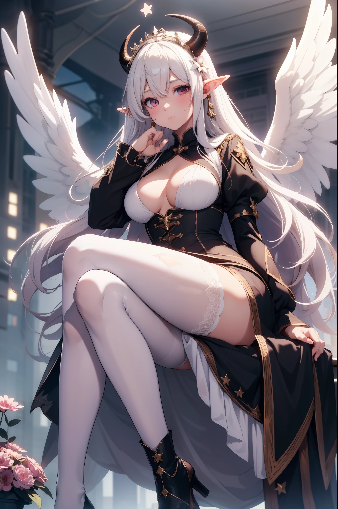 giant girl 50,000 feet high,Weight 1000kg,Has a pair of long legs,Open your eyes wide,Has three pairs of huge white angel wings,With huge devil horns on his head,crown on head,Elf wearing white earrings,She has long pink hair that reaches her feet,loose hair,Pink wavy long curly hair,Wearing a pair of black boots,White sleeves,Wearing white lace pantyhose,Pantyhose with bow and star decorations,白色蕾丝whole body,sitting on a tall building,Beautiful appearance,Exquisite makeup,quality,8k,高quality,Perfect proportion, Cinema lighting,film grain,Fuji colors,8k,textured skin,Super details,high detail,high resolution,charming,blood stains,脚底有blood stains,whole body,Obese,elf princess,feather,flowers
