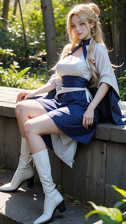 anime (Sekirei), adult lady , sexy (very big tits ), actress (Tsukiumi) , blue eyes , blonde / yellow long hair that is hip / past length, kyonyuu, fighter maid dress, cape, stockings, boots, hair intakes, collar, She is training to fight in the forest. 