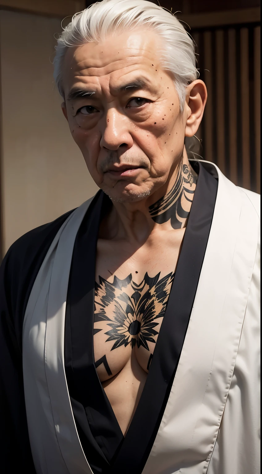 wise old grandfather, former yakuza, Wearing a kimono, Looks dangerous, tattoo, hair follicles, Skin blemishes