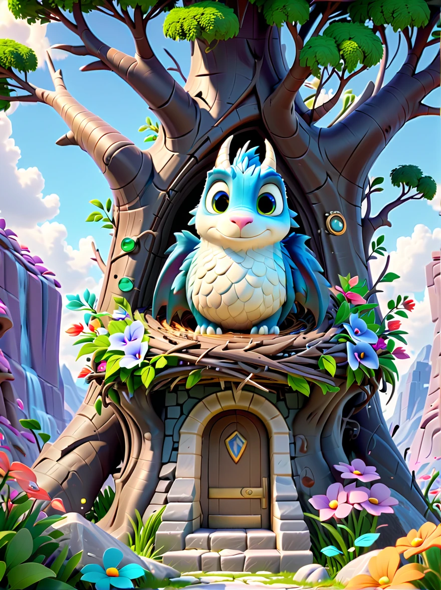Pixar animation style, dark underground building,Cute giant dragon,((Sophisticated and beautiful nest:1.5)),The dragon's lair is made of tree branches,rock,gold coins,arms,shield etc., Colorful flowers and diverse plants, Made of marshmallow material, c4d, 8k, HD quality