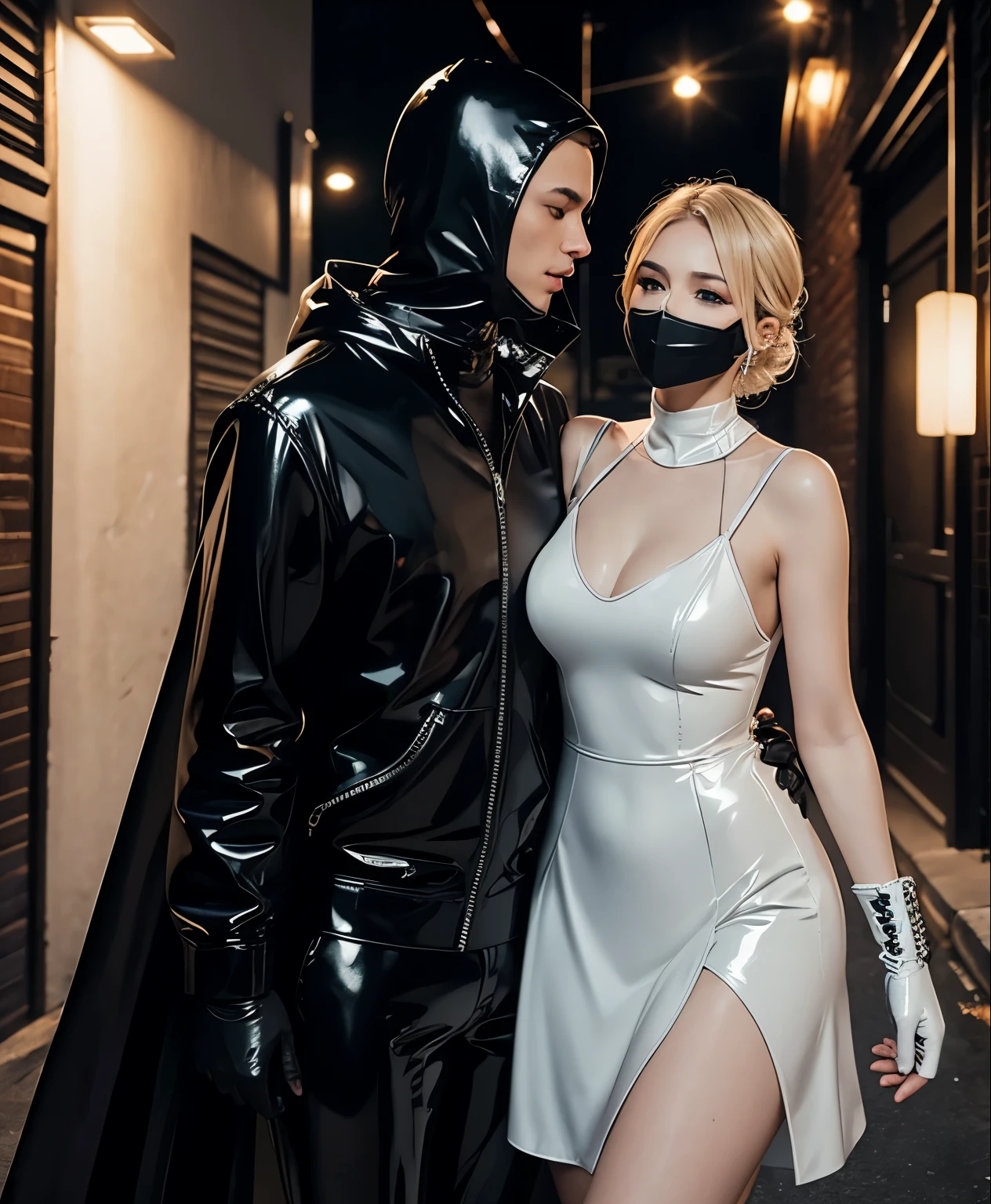 Full face latex mask, Kissing,latex hood,latex masks,  couple, romantic, nighttime, soft lighting, passion, intimate connection, tender embrace, close-up of lips, gentle caress, loving touch, bride white latex dress, full face masks , covered masked faces , carnival, gloves, 