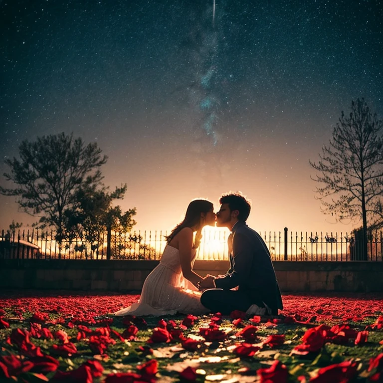 A photograph capturing the essence of love, bathed in soft, warm lighting. Two lovers, lost in a tender embrace, their hands intertwined, speaking a language only they understand. Roses, their deep red petals bursting with passion, create a captivating foreground. In the background, a picturesque, starry night sky lends an ethereal charm to this scene of pure romance. Love letters strewn around, bearing heartfelt messages, serve as silent witnesses to this timeless connection.