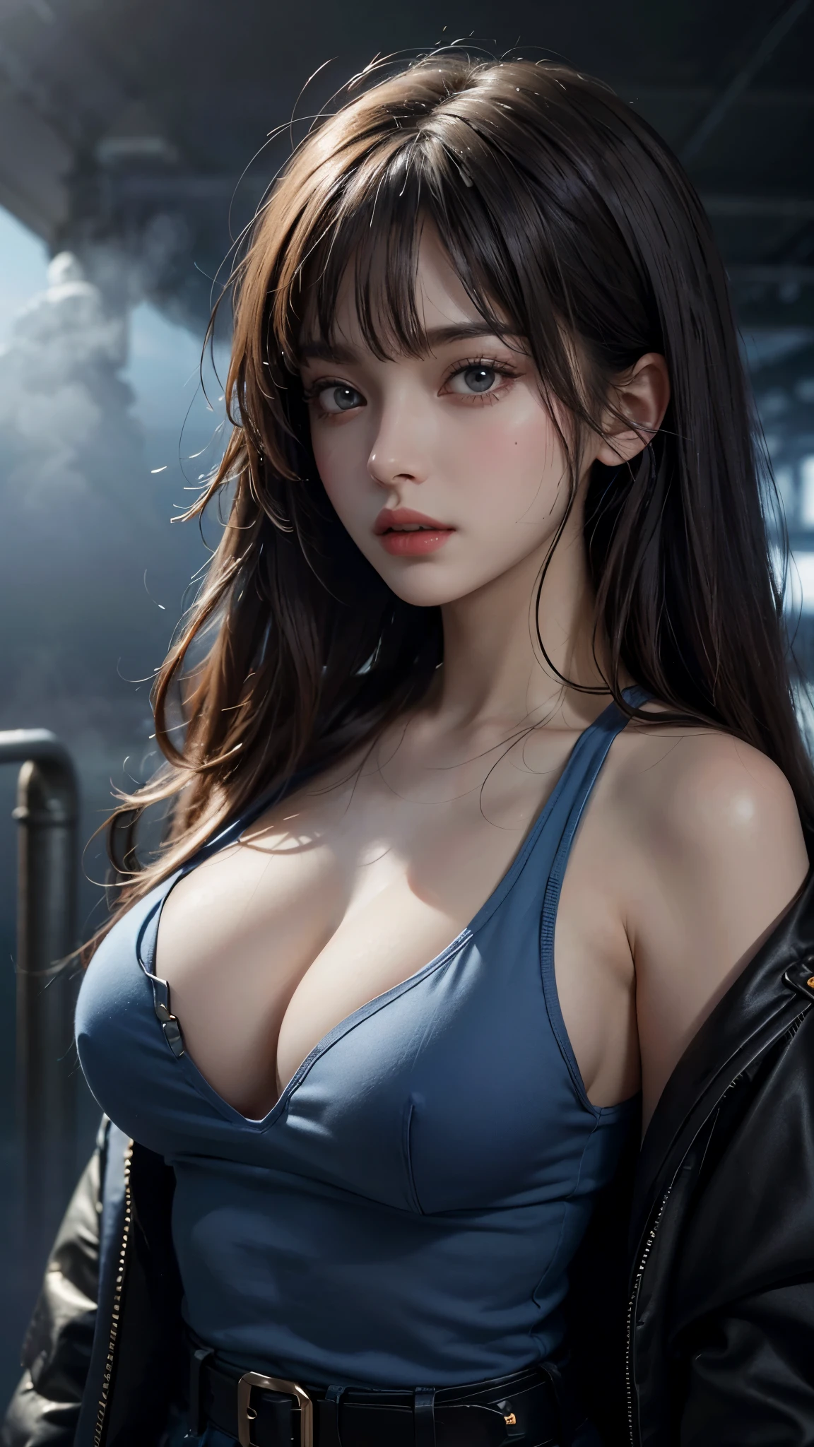 (UHD, retina, masterpiece, accurate, anatomically_correct, textured_skin, super_detail, high_details, high_quality, best_quality, high_res, 1080P, HD, 4K, 8k, 16k), (beautiful_detailed_eyes, beautiful_detailed_lips, extremely_detailed_eyes_and_face), soft_lighting, physically-based_rendering, vivid_colors, (large_breasts:1.5), (shiny_hair, shiny_skin, tanned_skin, blush), (bangs:1.5), eye_reflection, (science_fiction, station, railway, bokeh), semi-profile_view, (deep_fog, blue_atmosphere:1.5), riders_jacket, studded_belt, tank_top,