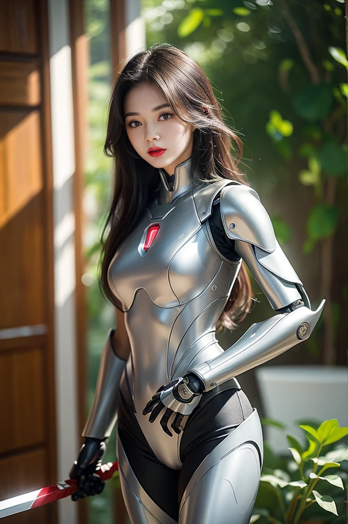 high quality work, realistic works,Super premium graphics,8K high-definition CG works,High quality graphics,High-definition and exquisite CG works,10x pixels,Ultra-fine details:1.1,Advanced technical details:1.1Realistic photo effects,室内灯Light effect果:1.5,Natural light:1.5. Light effect(虚拟灯Light effect果:1.8),ultra high resolution ,transparent hair,High detail hair(Premium hair details:1.1)clear eyes,Double eyelids look good,sharp eye makeup, Create exquisite eyelash makeup, Thin eyebrows, Super detailed eyes,high nose, cute red lips, rosy cheeks, With delicate makeup on her face , pretty face, Perfect face proportions,(Advanced facial details:1.1), female artwork,full body view,Astonishing,Today's eyes are bright and well-sculpted women,Wear a futuristic suit,Hold a sword and a sword, 可爱的robot girl, Mecha cyber armor girl, Beautiful white girl robot, female robot body, perfect android girl, Perfect anime robot woman, 美丽的robot girl, robot girl, Robot - Girl with Silver Hair, Armor girl red, Beautiful and seductive woman