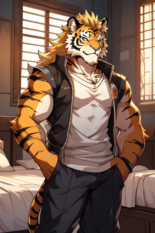 (((detailed eyes, detailed face))), (furry, torahiko <lora:character_torahiko_findigo_v1:0.9>, facial hair, thick eyebrows), male, (solo), (plump), (blue cropped pants, belt, topless), standing, (arms behind back), smile BREAK (konzaburou, ukan_muri, cute), bedroom, (flat shading, [flat color], high brightness), 8k, UHD, masterpiece, (full body)