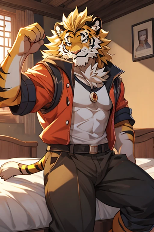 An image of a 17-year-old teenage orange tiger kemono and a 19-year-old teenage yellowish lion kemono; ambos teniendo una musculatura bien formada, trabaja y robusta, llevando puesto un uniforme de estudiante de academia de elite y que se encuentren juntos en un dormitorio amueblado para 3 individuos exactamente.