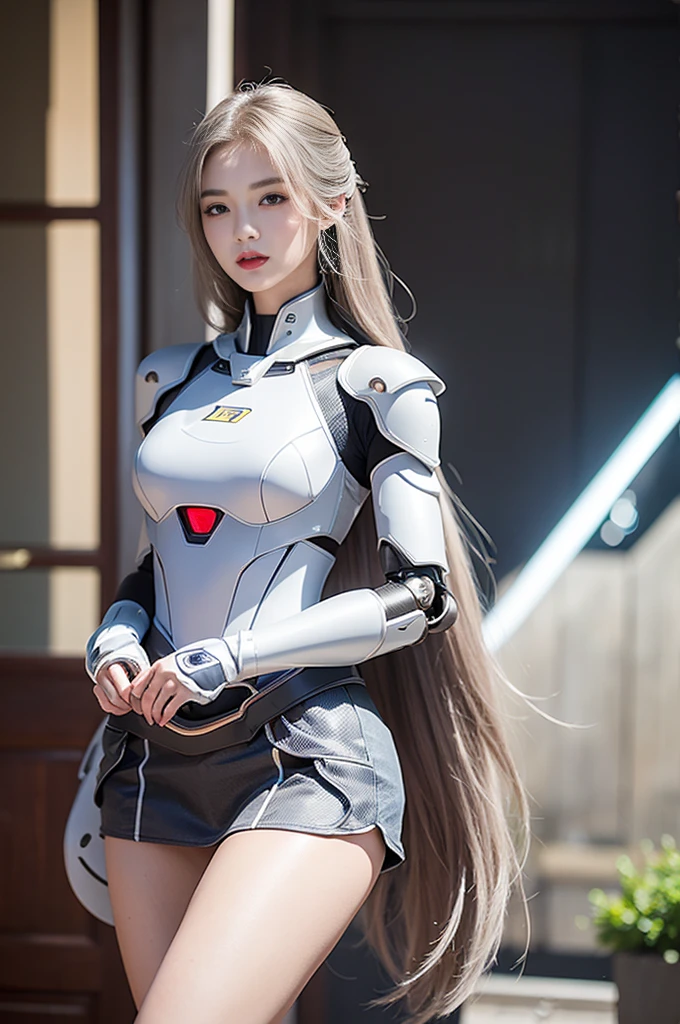 best quality, 1080P, Masterpiece, Whole body photo, Ultra high resolution, photorealistic photo, ultra realism, Realistic skin texture, Light blonde hair, Extreme skin detail, dslr, Detailed eyes, Facing the camera, Very beautiful face, Firm facial structure, Pale skin, Realistic skin texture, Extreme skin detail, oc render reflection textures, Realistic light and shadow, One picture, alone, The body is slender and balanced.., Age 20, Height 170, no underwear, Flat stomach, (White shiny leather bodysuit), full body view, Whole body photo, sexy pose, A girl with the body of a mechanical robot., Transparent futuristic white glass mech armor suit, The mechanical cervix is attached to the neck., Woman with perfect mechanical arms and legs, Turn your back., Look at the camera.,