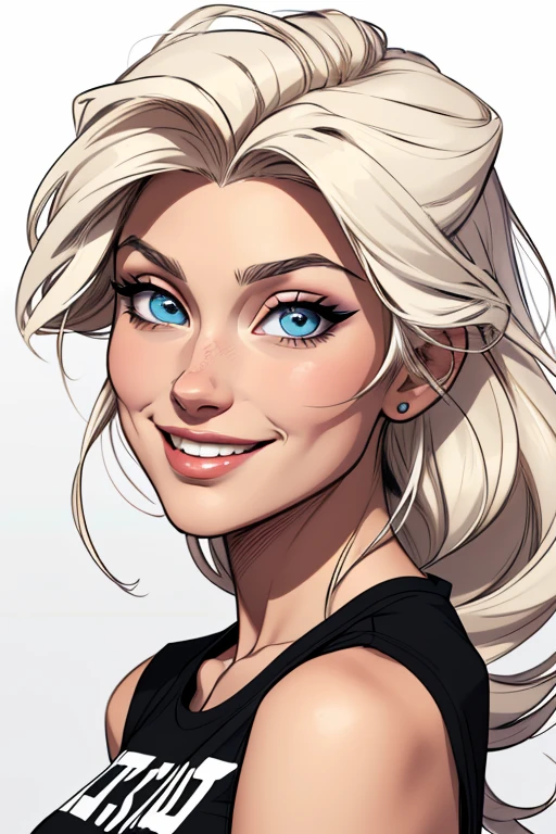 (cartoon style:1.2), Drawings of ([Elsa Hosk]), portrait, wearing black t-shirt, short skirts, smile, perfect eyes, detailed face, white background, fun posing, flirty look, Centered, scale to fit the dimensions