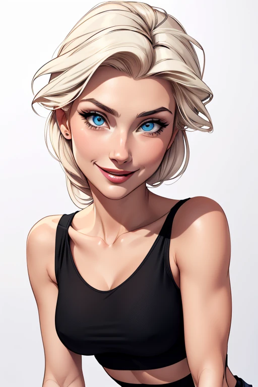 (cartoon style:1.2), Drawings of ([Elsa Hosk]), portrait, wearing black t-shirt, short skirts, smile, perfect eyes, detailed face, white background, fun posing, flirty look, Centered, scale to fit the dimensions