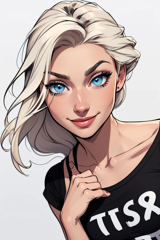(cartoon style:1.2), Drawings of ([Elsa Hosk]), portrait, wearing black t-shirt, short skirts, smile, perfect eyes, detailed face, white background, fun posing, flirty look, Centered, scale to fit the dimensions