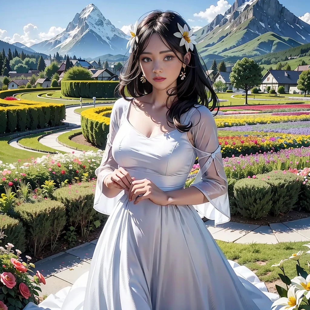 1 girl, 10 talents, black hair, dynamic angle, Photorealistic backgrounds, cloud and mountain, (flower garden:1.4) In the foreground, white dress, light trace, (floating colorful wind:1) (realistic:1.4), unity 8k wallpaper, Super detailed, beautiful and aesthetic, masterpiece,highest quality, glowing skin, shining hair, cinematic lighting, light smile, detailed beautiful face, cute face, Beautiful style from the chest up