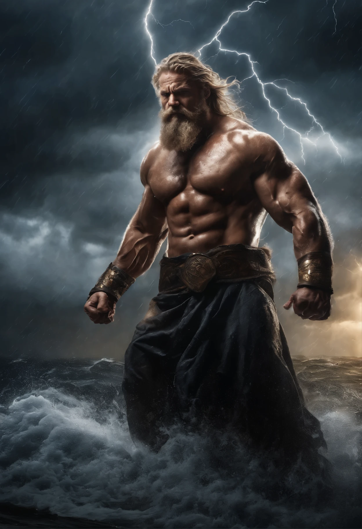 (best quality,4k,8k,highres,masterpiece:1.2),ultra-detailed,(realistic,photorealistic,photo-realistic:1.37),Zeus summoning lightning bolts in a desperate battle with Typhoon, towering and unscathed,illustration,oil painting,mythology,greek god,god of thunder,huge muscular body,giant muscles and veins,bearded face with fierce expression,glowing golden eyes,sweat pouring off him,tense and aggressive stance,dark storm clouds,sunset lighting,torrential rain,majestic thunderbolts,brilliant electric blue bolts of lightning,electricity crackling in the air,rippling shockwaves,ferocious wind gusts,dramatic and intense atmosphere,stormy sea waves crashing against rocks,evocative power and strength,ominous and awe-inspiring presence,stormy seascape with tumultuous waves crushing in the background