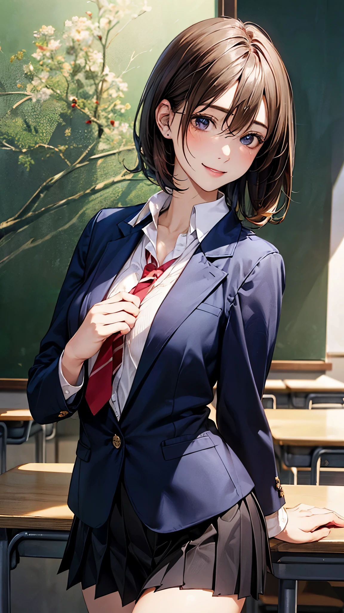 (masterpiece:1.2, top-quality), (realistic, photorealistic:1.4), beautiful illustration, (natural side lighting, movie lighting),
looking at viewer, upper body, front view, 1 girl, japanese, 16 years old, perfect face, cute and symmetrical face, shiny skin, babyface,
({short hair | middle hair}, straight hair:1.2, brown hair), hair between eyes, gold eyes, (middle breasts, seductive thighs, big ass),
beautiful hair, beautiful face, beautiful detailed eyes, beautiful clavicle, beautiful body, beautiful chest, beautiful thigh, beautiful legs, beautiful fingers,
(((navy blazer), close blazer), long sleeve white collared shirts, navy pleated skirt), red tie,
(beautiful scenery), evening, classroom, blackboard, standing, (lovely smile, upper eyes),
