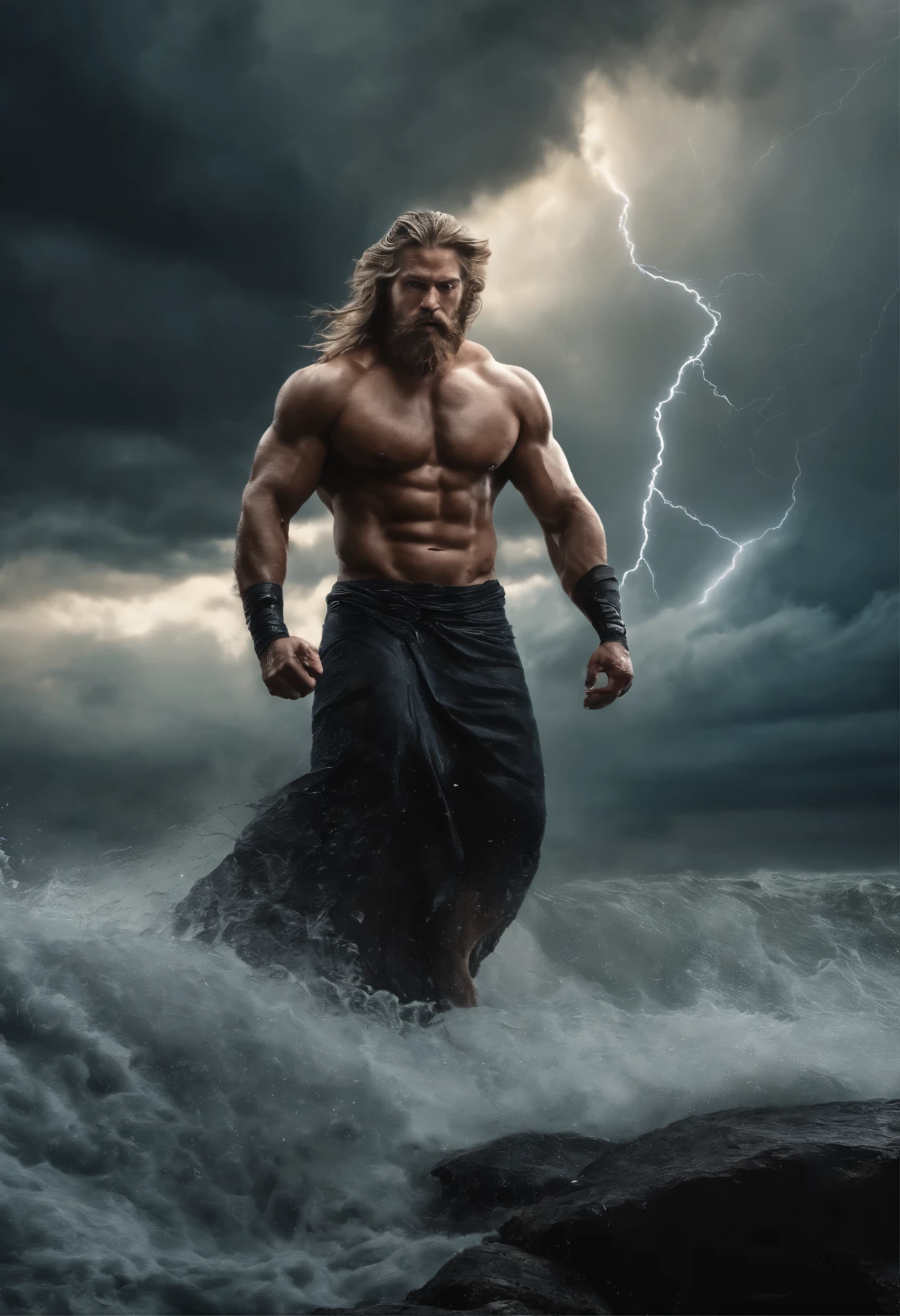 (best quality,4k,8k,highres,masterpiece:1.2),ultra-detailed,(realistic,photorealistic,photo-realistic:1.37),Zeus summoning lightning bolts in a desperate battle with Typhoon, towering and unscathed,illustration,oil painting,mythology,greek god,god of thunder,huge muscular body,giant muscles and veins,bearded face with fierce expression,glowing golden eyes,sweat pouring off him,tense and aggressive stance,dark storm clouds,sunset lighting,torrential rain,majestic thunderbolts,brilliant electric blue bolts of lightning,electricity crackling in the air,rippling shockwaves,ferocious wind gusts,dramatic and intense atmosphere,stormy sea waves crashing against rocks,evocative power and strength,ominous and awe-inspiring presence,stormy seascape with tumultuous waves crushing in the background